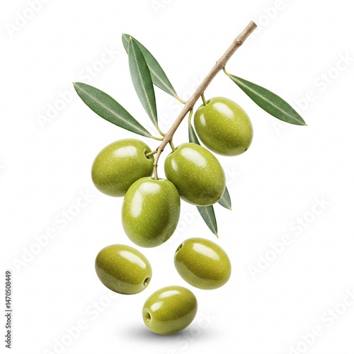 Branch with fresh green olives with water droplets and leaves, and falling olives isolated on white