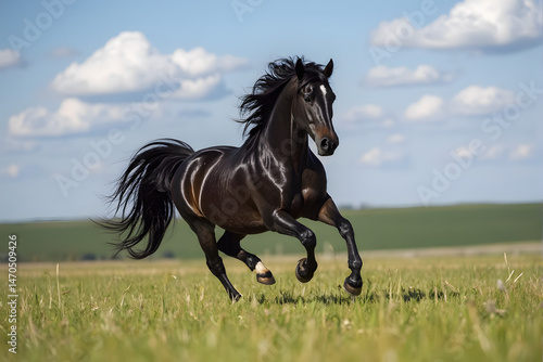 Majestic Black Horse Galloping Across Lush Green Field Under a Summer Sky
