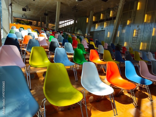 Auditorium of Kunsthal museum in Museumpark, Rotterdam.Texture and background. Image of a colorful chairs.
