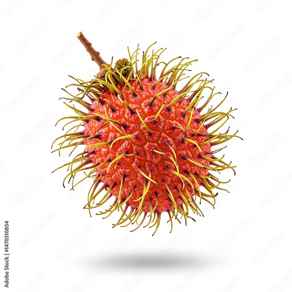 Obraz premium A single red rambutan fruit with a stem and green-tipped spines appears to be falling.