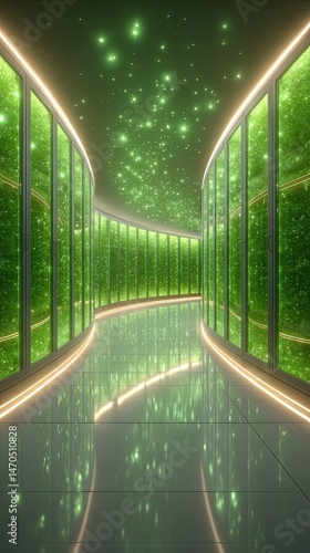 Global IT service trends for enterprise clients, A modern walkway with green glowing elements and reflective surfaces. International IT service trends in global tech environments