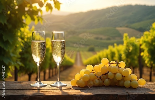 Scenic vineyard photo featuring two champagne glasses against backdrop of rolling hills. Image includes grapes on wooden table. Sunset light bathes landscape. Ideal for wine, tourism, travel,
