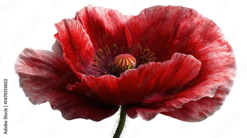 Fototapeta premium A single red poppy flower, isolated on a white background