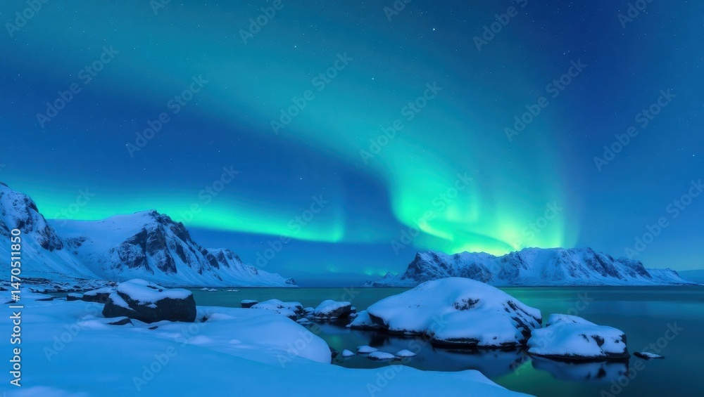 Naklejka premium Aurora Borealis over Snowy Arctic Mountains and Frozen Shore
