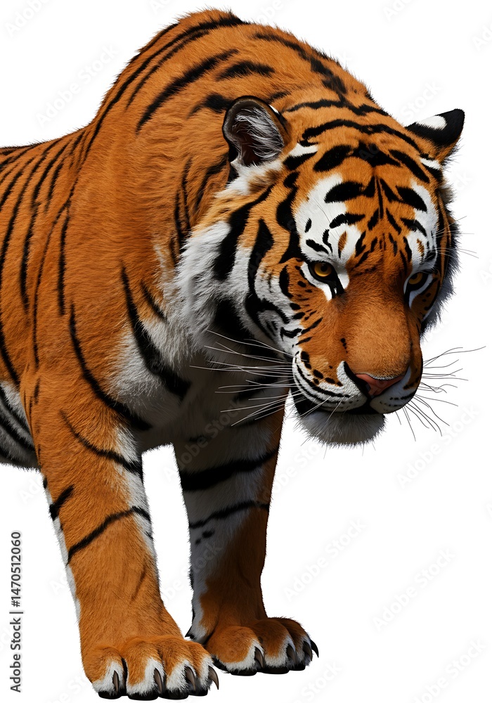 Obraz premium Majestic tiger standing alert with striking stripes isolated on white background