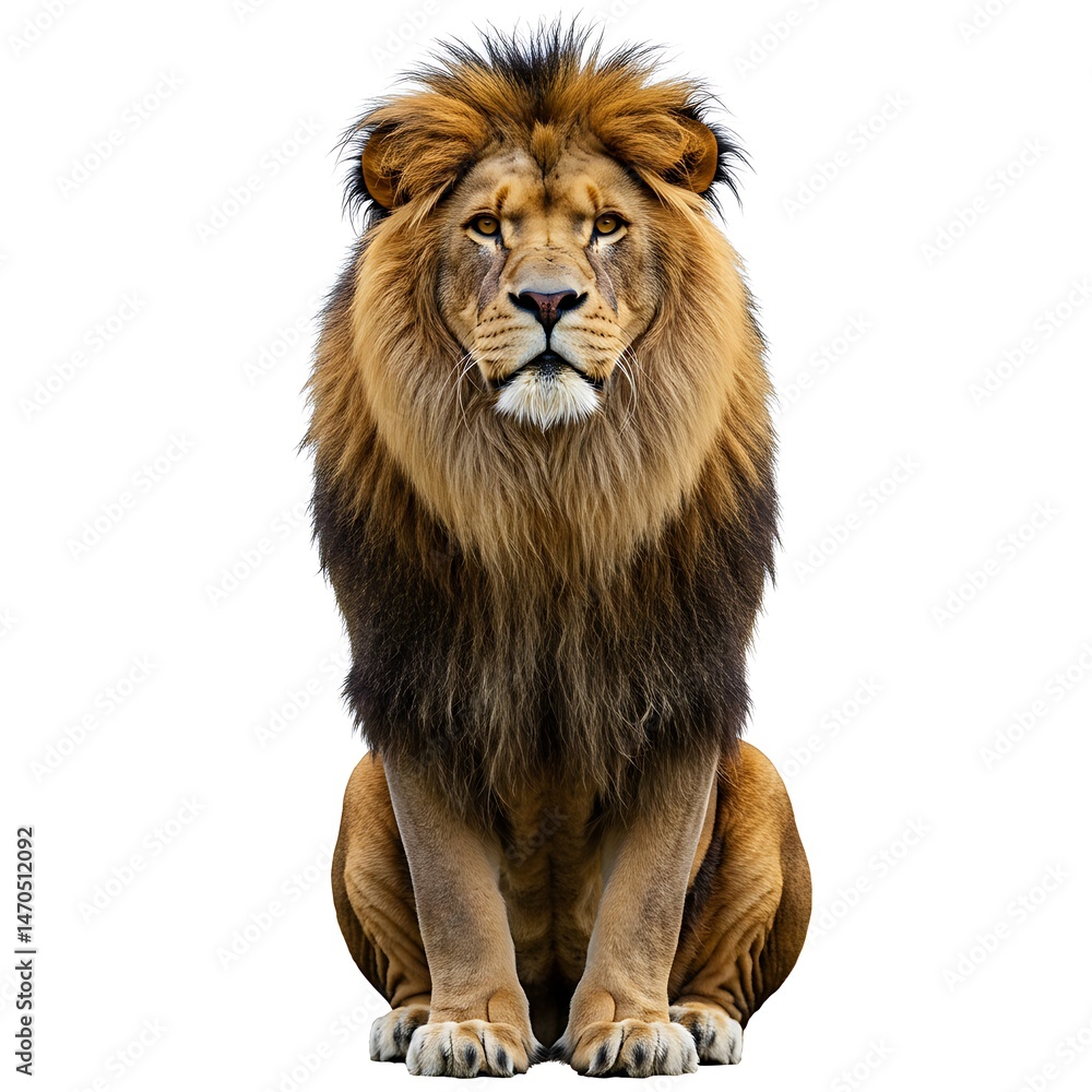 Fototapeta premium Majestic lion sitting upright portrait, full view isolated on white background