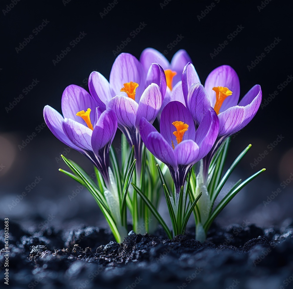 Fototapeta premium Vibrant purple crocuses emerge from dark soil
