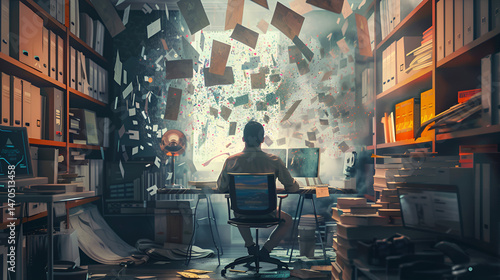 A man sits at his desk in a chaotic office with papers flying around him and bookshelves on either side