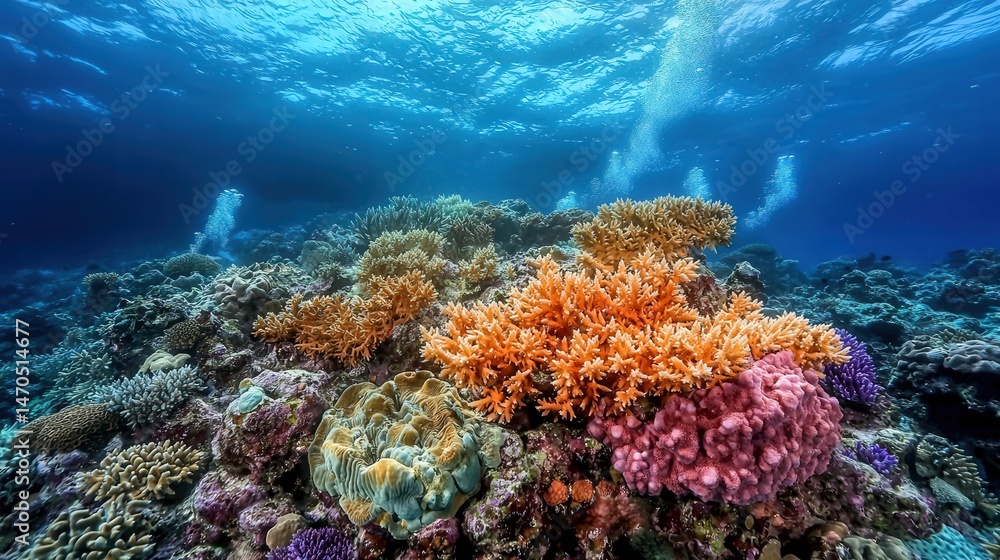 Naklejka premium Exploring vibrant coral reefs underwater paradise nature photography ocean depths serene perspective marine beauty