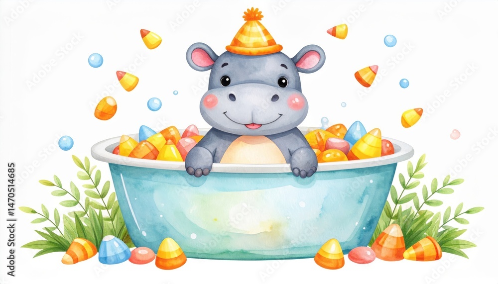 Naklejka premium Happy Hippo Bath Time Fun - A cute hippopotamus enjoys a sweet candy corn bath, symbolizing joy, sweetness, playfulness, celebration, and childhood innocence