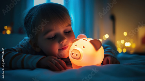 Toddler smiling with glowing piggy bank
