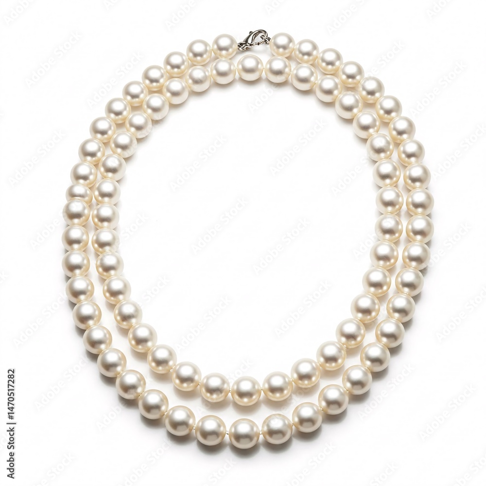 Obraz premium White pearl necklace with clasp on white background.