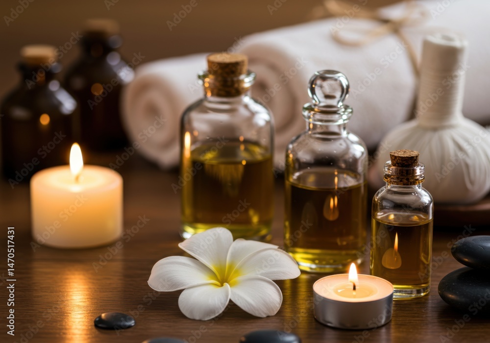 Aromatherapy oil bottles with candles representing relaxation and wellness, featuring flower Aromatherapy oil bottles with candles representing relaxation and wellness, featuring flower
