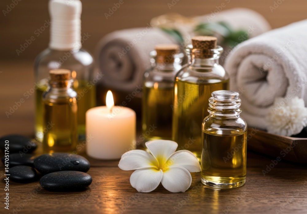 Aromatherapy oil bottles representing wellness and relaxation, with candlelight and flower Aromatherapy oil bottles representing wellness and relaxation, with candlelight and flower