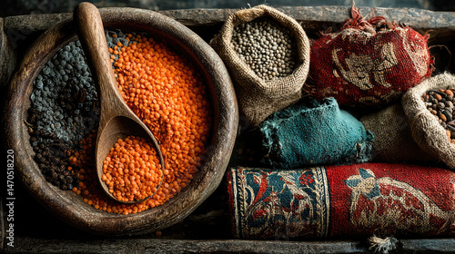 Wallpaper Mural A rustic wooden box overflowing with various lentils, spices, and seeds in burlap sacks and bowls Torontodigital.ca