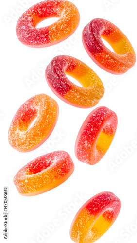 Multiple gummy ring slices gently drifting with transparent background