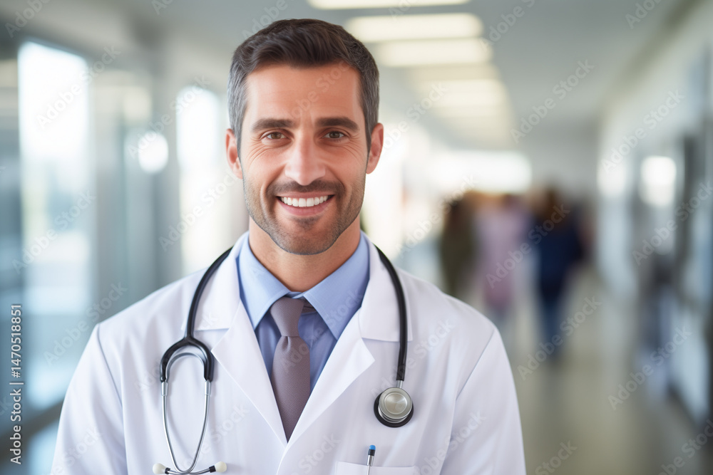 Doctor with stethoscope smiling at camera in hospital hallway, clean and bright environment, medical realism Doctor with stethoscope smiling at camera in hospital hallway, clean and bright environment, medical realism