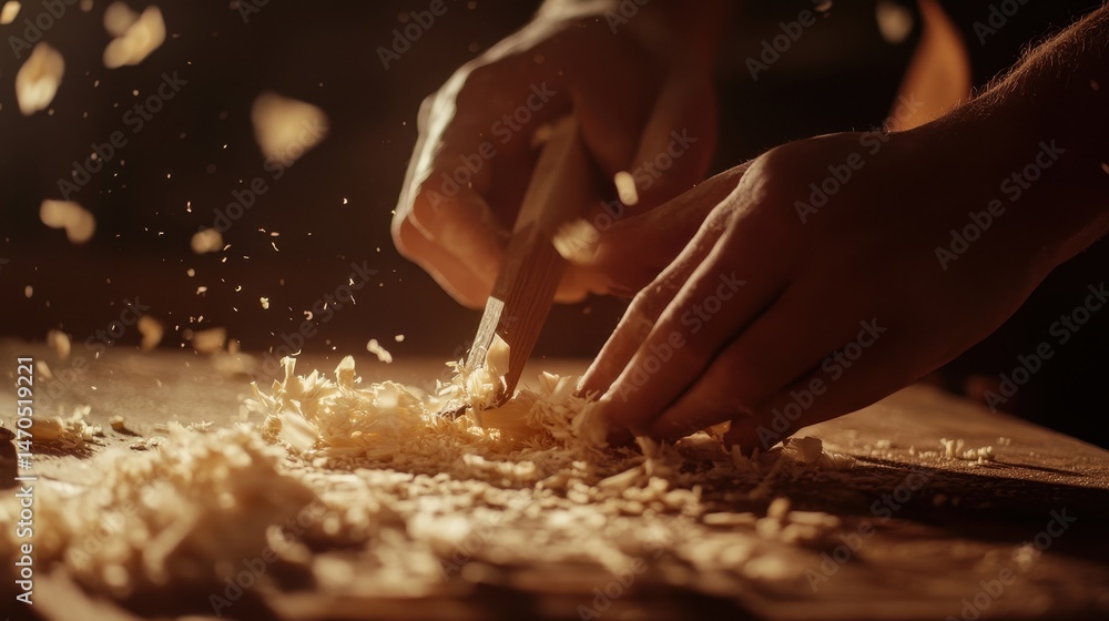 Obraz premium Craftsmanship shines through skilled hands in a peaceful woodworking workshop, where fine wooden shavings come to life under the touch of a chisel in warm natural light