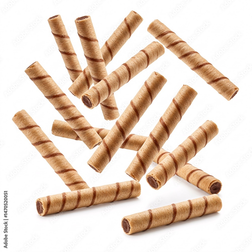 Several brown wafer tubes are falling. The crispy cylindrical treats are isolated on a white Several brown wafer tubes are falling. The crispy cylindrical treats are isolated on a white