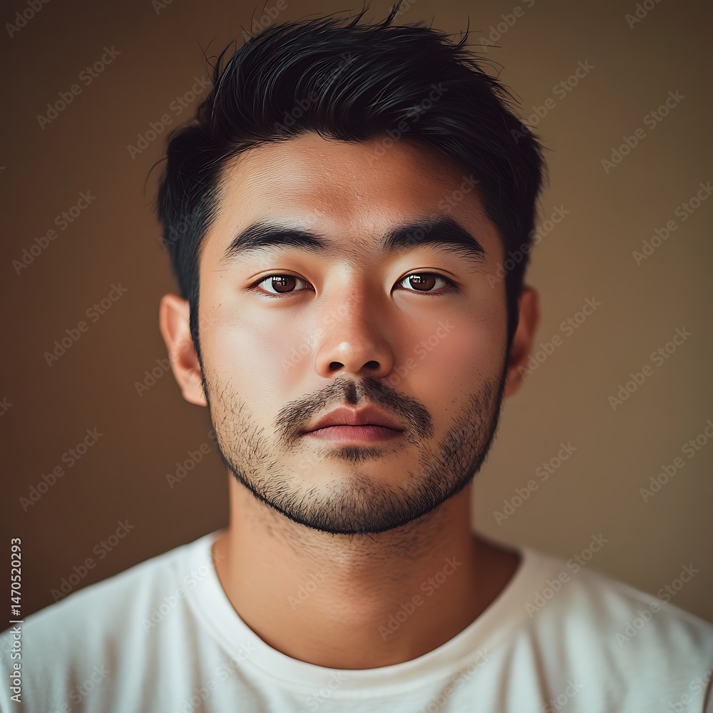 Obraz premium Portrait of an Asian Man with a Short Beard and Dark Hair Looking Directly at the Camera