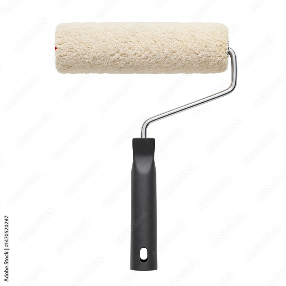 Fototapeta premium A paint roller with a white, fluffy roller cover and a black handle on a white background.