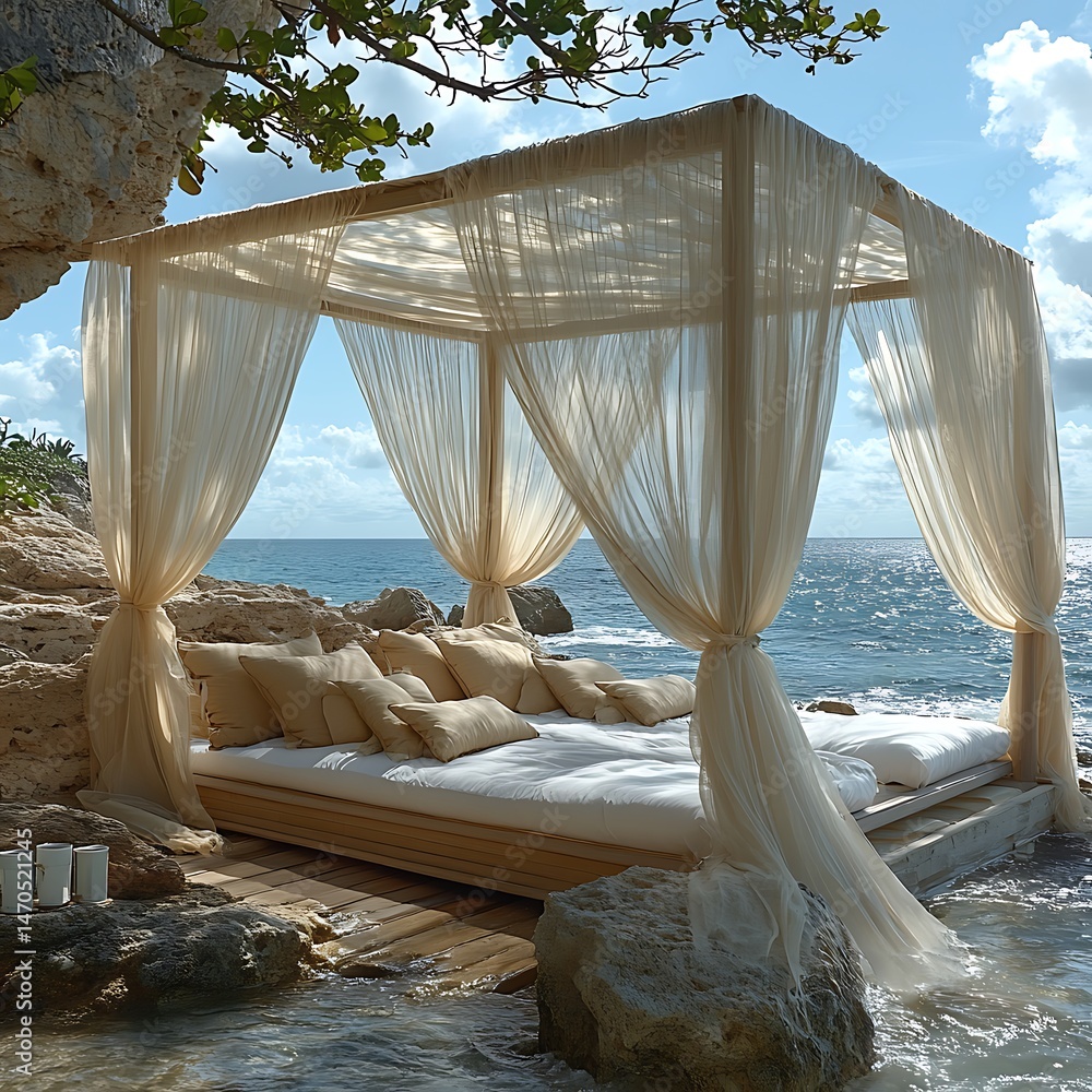 Stunning beachside canopy retreat with curtains high resolution HD photo Stunning beachside canopy retreat with curtains high resolution HD photo