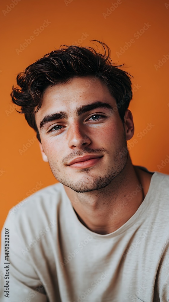 A Handsome Man Portrayed in a Studio Portrait with an Intense and Charming Expression in Front of Orange Wall A Handsome Man Portrayed in a Studio Portrait with an Intense and Charming Expression in Front of Orange Wall