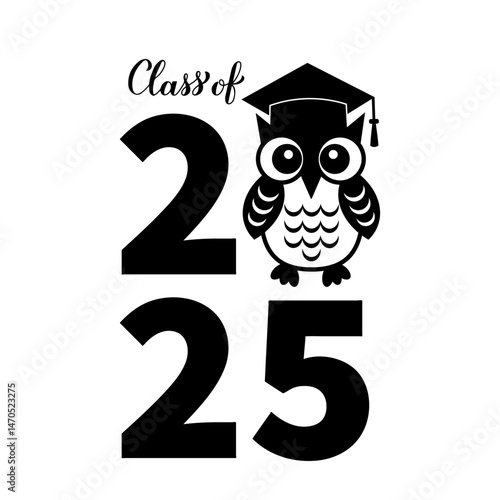 Obraz na płótnie Class of 2025 lettering with cute graduation owl. Congratulations to graduates typography poster. Vector template for greeting card, sticker, shirt, banner, label, etc. w salonie