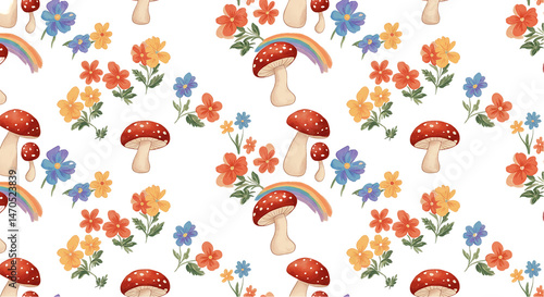 Cute Mushroom Flower Pattern Seamless Background Texture