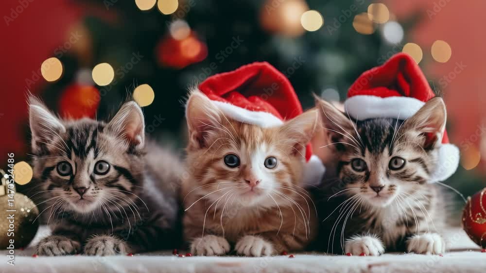 Three kittens are seen wearing Christmas hats in front of a decorated tree with ornaments and bright lights. The kittens look up, capturing the essence of holiday cuteness and festive spirit. Three kittens are seen wearing Christmas hats in front of a decorated tree with ornaments and bright lights. The kittens look up, capturing the essence of holiday cuteness and festive spirit.