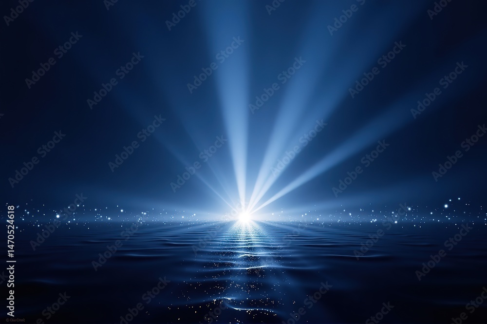 Fototapeta premium Gorgeous luminous rays over a deep blue ocean with sparkling sky dots, perfect for peaceful, calming, or aesthetic - focused design projects.