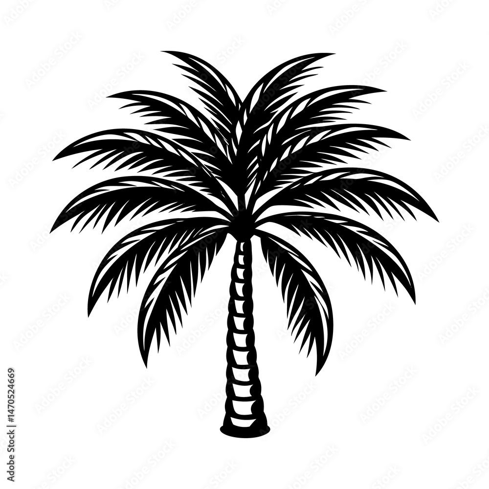 Obraz premium Black and White Vector of a Classic Tropical Palm Tree in Flat Minimal Design Perfect for Logos and Icons Palm Tree Vector Icon, Minimal Tropical Silhouette, Flat Beach Tree Logo, Black and White Natu