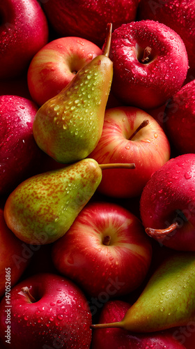 Red Apples and Green Pears with Water Droplets