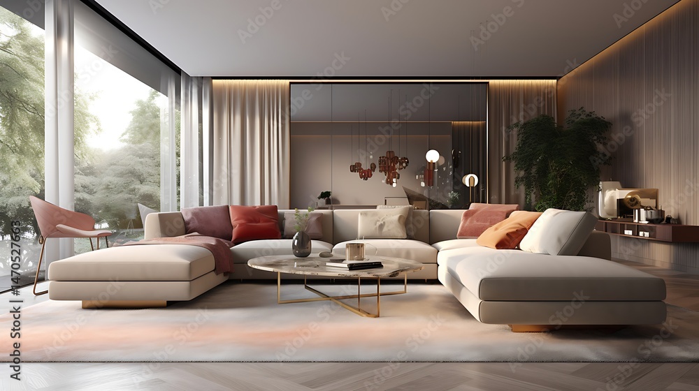 Fototapeta premium An Inviting Interior of a Luxury Living Room with a Large Sectional Sofa and Natural Light