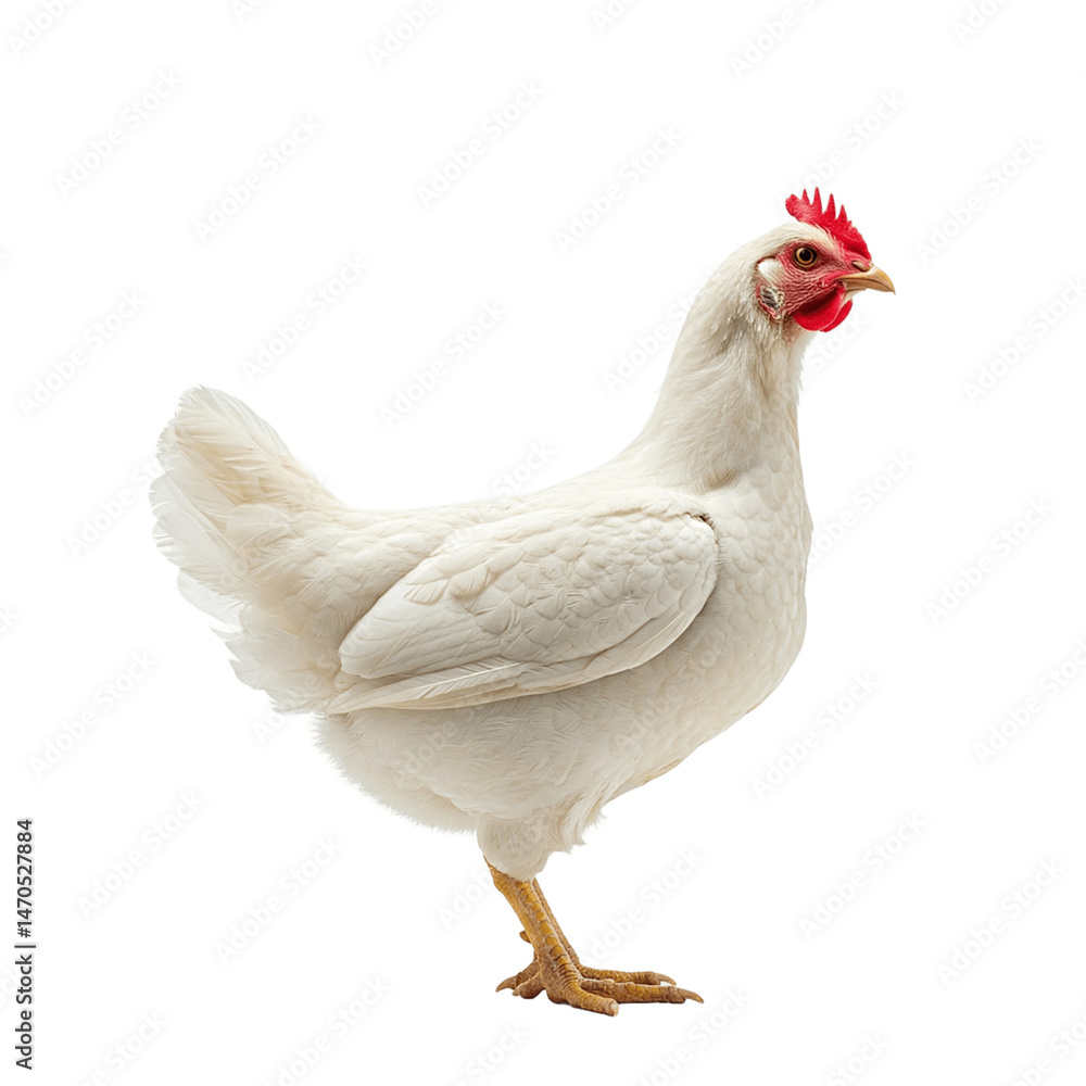 Fototapeta premium chicken isolated on white, White hen on transparent background. Poultry industry illustration.