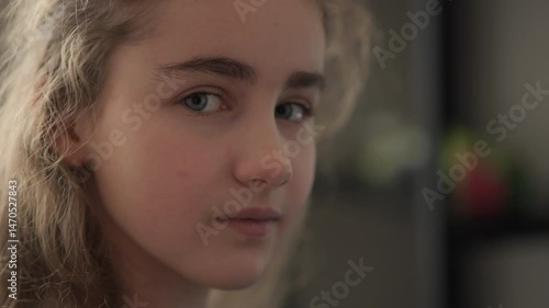 Portrait Teenage Girl Looking at Camera. Inquisitive Smiling Child Portrait. Face Funny Contemplative Child. Happy Face Funny Contemplative Teenage Girl Smile Freedom and Wellness.