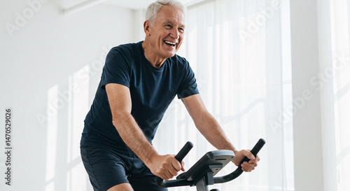 Senior Man Enjoying Workout on Exercise Bike