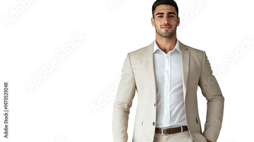 Handsome young businessman in suit and tie, a confident professional smiling in studio