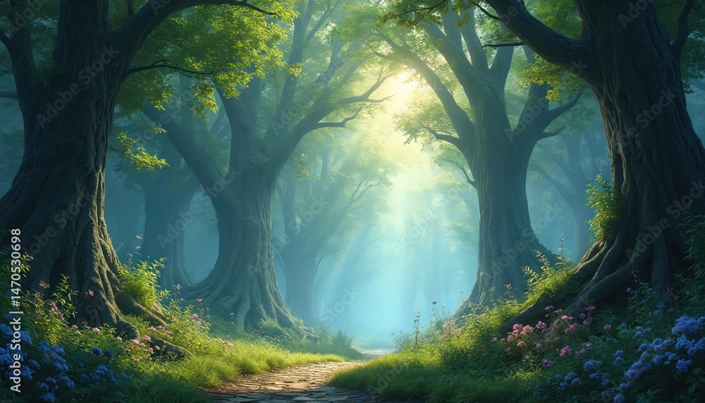 Fototapeta premium Path through rich forest with large trees, green foliage. Sunlight filters through branches creating dreamy atmosphere. Flowers bloom along pathway, inviting nature walk. Serene eco-friendly travel,