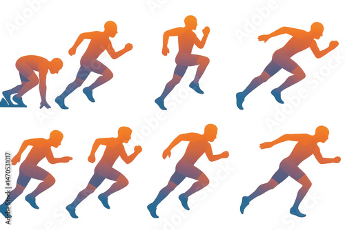 Dynamic sprint poses icons set – starting, running, acceleration, motion, speed. Flat icon set