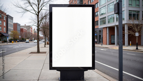 Blank advertising column in urban cityscape on cloudy day, marketing space