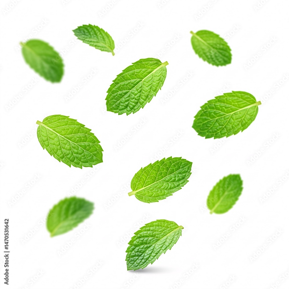 Mint leaves falling isolated on a white background Mint leaves falling isolated on a white background