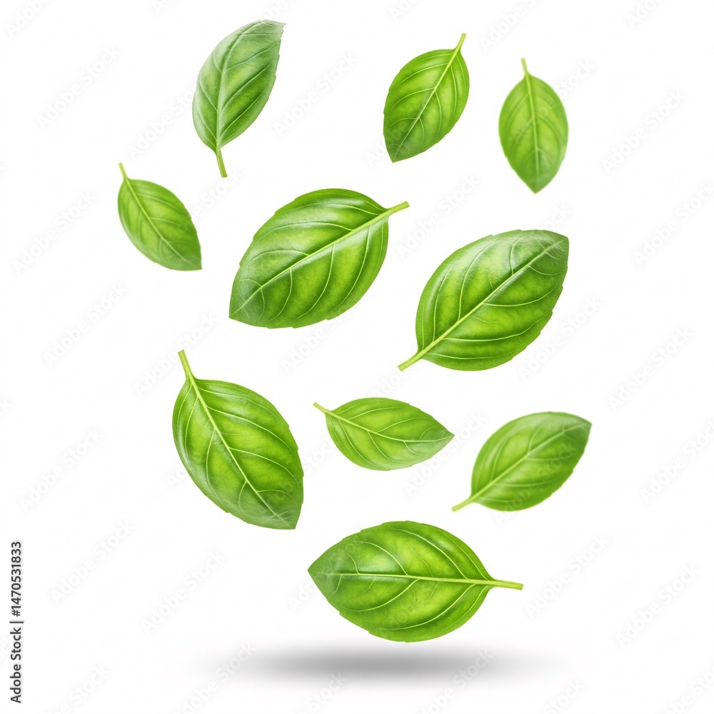 Basil leaves falling isolated on a white background Basil leaves falling isolated on a white background