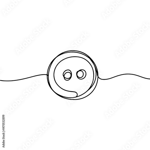 Simple line art of a sewing button with thread flowing, minimalist style on a white background, representing creativity and crafting, concept of craft supplies, sewing, or art store