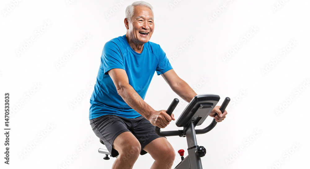 Obraz premium Smiling senior man riding an exercise bike indoors