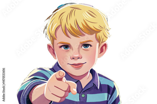 Young blonde boy pointing forward with confident expression, suggesting direction, idea, or focus. Isolated on white, perfect for education, communication, and guidance themes vector
