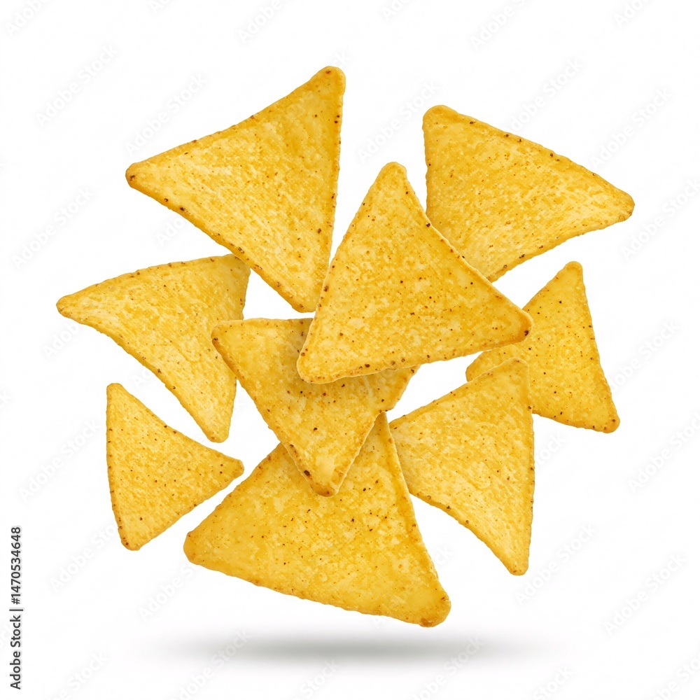 Falling corn tortilla chips isolated on a white background Falling corn tortilla chips isolated on a white background