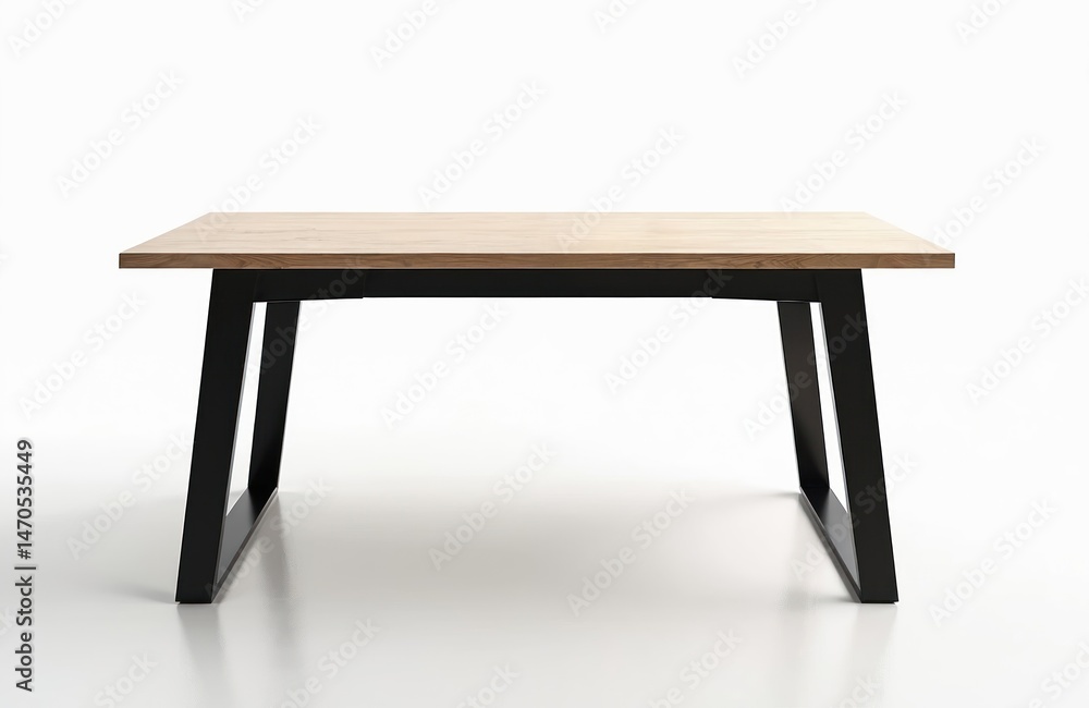 Fototapeta premium Modern wooden table. Stylish dining table with natural wood top and black metal legs. Perfect for dining room kitchen living room home office. Minimalist decor. White background, isolated design.