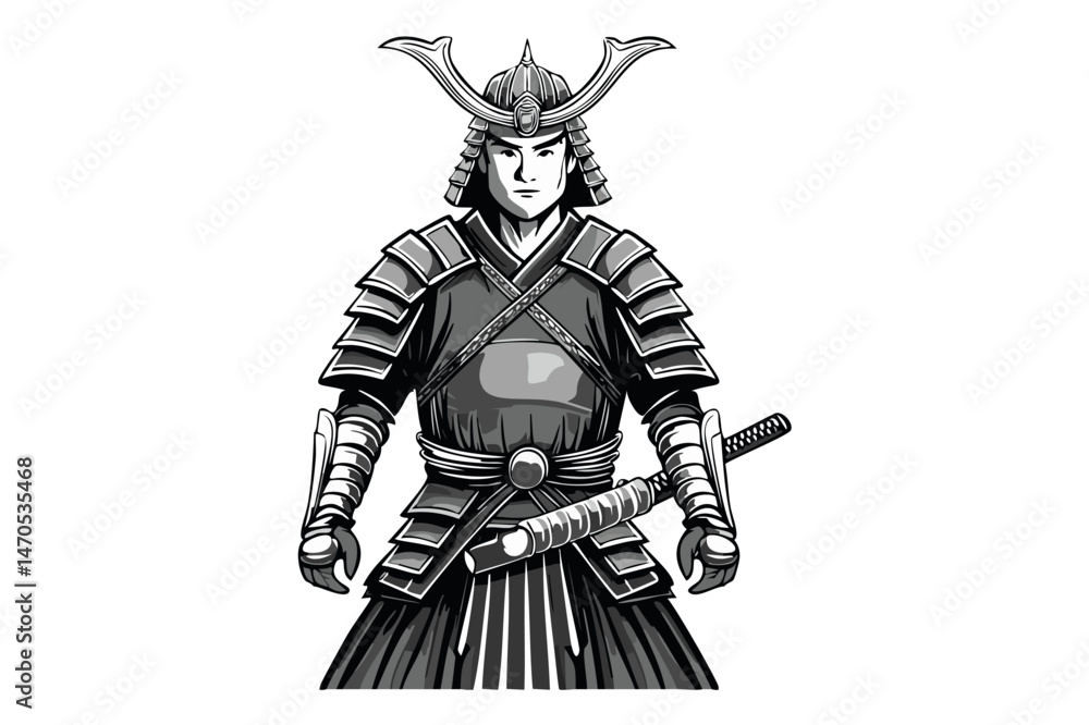 Fototapeta premium Black and white portrait of a Japanese samurai warrior or shogun in helmet and armor
