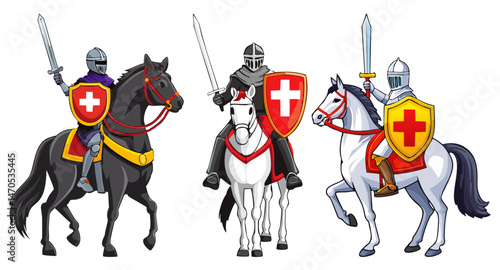 Knight on Horseback with Sword and Shield, Horseman with sword, Medieval armored swordsman on horseback, medieval knights wearing armor, helmet, sword in hand riding horse in protective suit, set